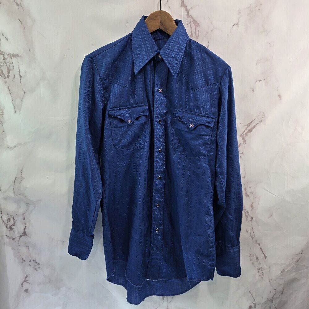 Vintage Western Shirt Womens Medium Blue Pearl Snap Button Long Sleeve Shimmer